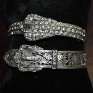 Lot of 2 Antique Art Deco Buckle Bangles J.J. White Filigree & Rhinestones